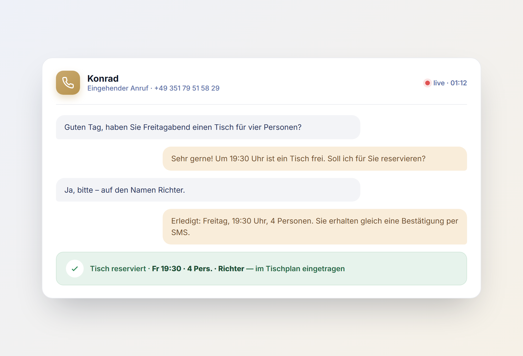 KI-Telefonassistent Konrad nimmt einen Anruf an und reserviert einen Tisch